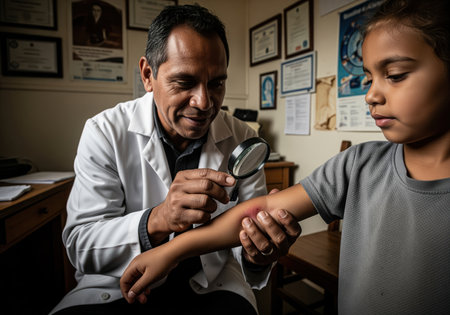 Doctor examines child arm rash with magnifying glass in rural clinic. physician in white coat checks skin irritation on young patient arm. healthcare and medical consultation.の素材