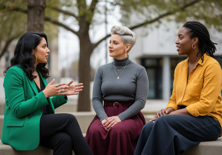 Three diverse women sit outdoors in a park setting, engaged in a peer support meeting. they are dressed in business casual attire, fostering a sense of community and collaboration.の素材