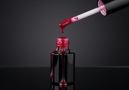 Viscous crimson lip gloss drips from applicator into a black bottle, creating thick streams. the glossy texture and dark red color are emphasized against a dark background.の素材