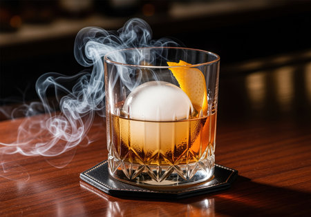 Smoked old fashioned cocktail in a low ball glass with a large ice ball and orange peel garnish, set on a leather coaster with smoke swirling around the glass.の素材