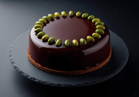 Chocolate mirror glazed entremet cake features sharp edges and a perfectly reflective surface, adorned with pistachios in symmetrical arrangement on a slate plate.の素材
