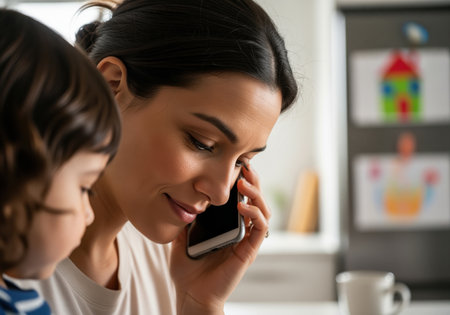 Mother talks on a smartphone while her child is next to her. woman uses her cellphone in the kitchen with drawings on the refrigerator. morning routine, family life.の素材