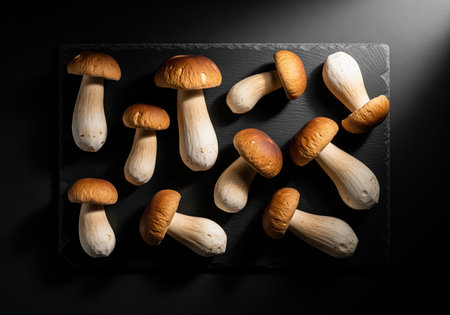 Overhead shot displays porcini mushrooms artfully arranged on a black stone slab. gourmet mushrooms feature brown caps and white stems, highlighted by studio lighting.の素材