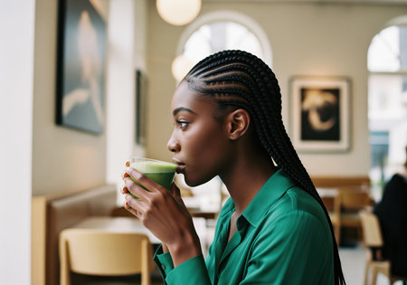 Young woman with braided hair sips matcha tea in a cafe. dressed in a green blouse, she enjoys a beverage in a bright, modern setting with natural light and artwork.の素材