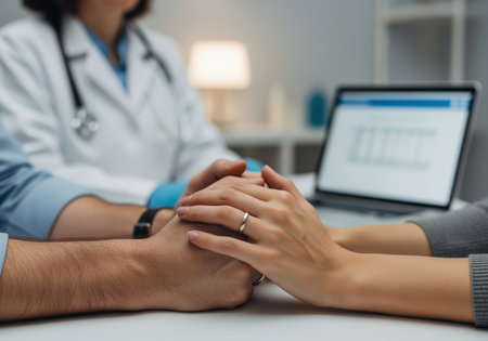 Close up captures a couple hands interlocked, symbolizing support and empathy, with a doctor in the backdrop, stethoscope, and laptop, conveying medical care and compassion.の素材