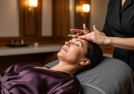Middle aged woman with closed eyes receives a forehead massage from a masseuse in a spa. the client is lying on a massage table in a purple robe.の素材