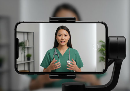 Smartphone screen displays an asian woman in medical scrubs and stethoscope, live streaming. she gestures with her hands, in a modern, bright room with shelves and plants.の素材