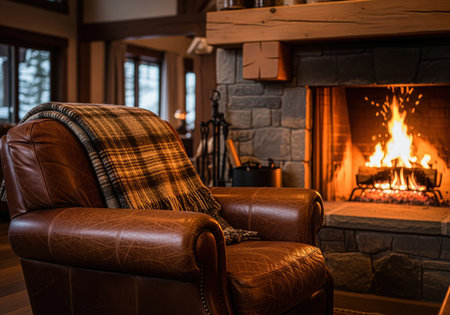 Leather armchair with plaid blanket near fireplace. cozy scene features a brown leather armchair with a wool blanket, set against a stone fireplace with burning logs.の素材