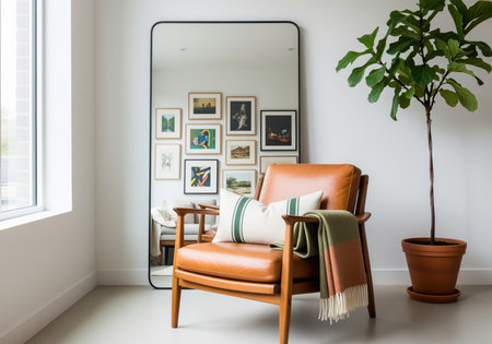 Mid century modern armchair in saddle leather with pillow and throw blanket in an interior setting. fiddle leaf fig tree in pot, mirror, and framed art on wall.の素材