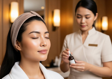 Asian woman receives facial rejuvenation treatment at spa. beautician holds cosmetic serum bottle. focus on client with headband and closed eyes in wellness center. relaxation, skincare.の素材