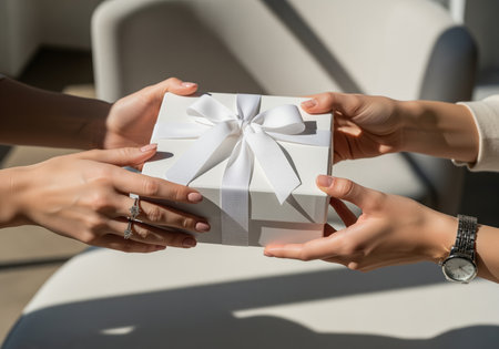 Two women hands exchanging a white gift box tied with a white ribbon. the box is minimalist and luxurious, set against a neutral background, emphasizing the act of giving.の素材
