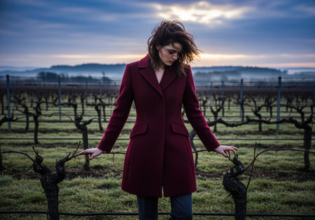 Woman in a red coat stands in a vineyard at dawn, touching the vines. the landscape is filled with rows of grapevines under a sky with soft light, creating a serene scene.の素材