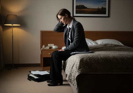 Businesswoman in suit sits on hotel bed with documents, experiencing neck pain and burnout. she is surrounded by work related items in a dimly lit room, showcasing stress.の素材