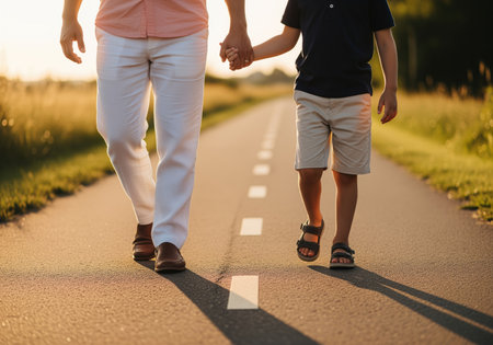 Father and son walking together on a road at sunset, holding hands. the focus is on their legs and hands, showcasing a close bond and shared journey in warm light.の素材