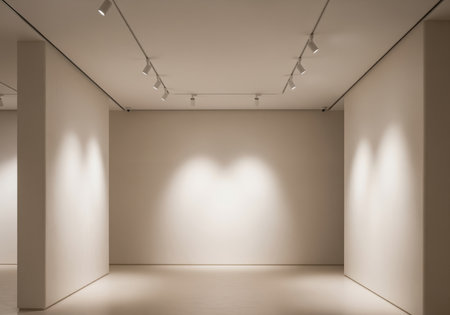 Minimalist gallery interior features smooth, seamless tadelakt plaster walls in warm off white. spotlights illuminate the space, enhancing the clean, contemporary design.の素材