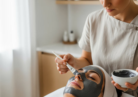 Woman receiving a facial mask treatment at spa. beautician applies charcoal clay mask to client face with brush. skincare and wellness concept in beauty salon.の素材