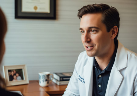 Doctor in white coat talks with patient in office. physician leans forward, engaging in conversation. medical professional provides consultation in clinical setting.の素材