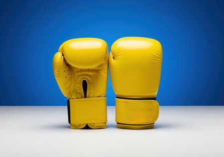 Bright yellow boxing gloves standing on a white surface against a vibrant blue studio background. focus on fitness, power, challenge, and combat sport.の素材