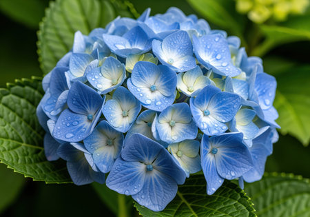 Pristine blue hydrangea blossom cluster captured in a detailed macro view, featuring fresh water droplets clinging to the petals and surrounded by lush green foliage.の素材