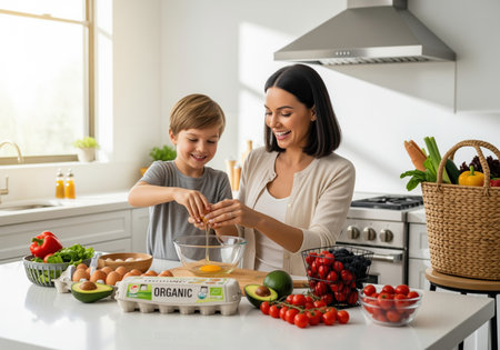 Mother and young son preparing food in a clean, bright kitchen. they crack organic eggs into a bowl, surrounded by fresh produce, symbolizing healthy family cooking and lifestyle.の素材