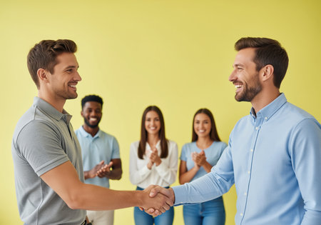 Two smiling businessmen shaking hands in agreement, celebrating success or partnership. a diverse team of colleagues stands behind them, applauding the achievement.の素材