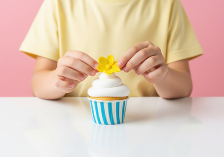 Child hands decorating a sweet vanilla cupcake with white buttercream frosting, carefully placing a bright yellow sugar flower on top.の素材