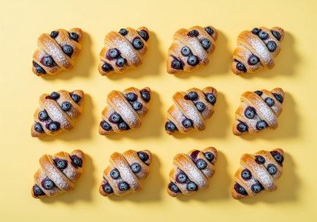 Mini blueberry croissants, dusted with powdered sugar, arranged in a repeating pattern on a bright yellow background. flat lay, top view, commercial food photography.の素材