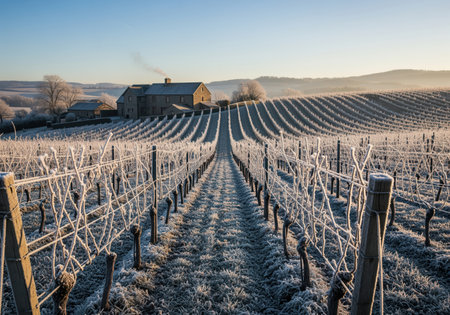 Frost covered vineyard rows stretch across the winter landscape, leading toward a traditional stone winery building under the clear, cold morning sky.の素材
