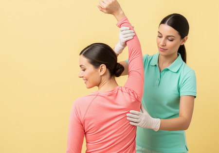 Woman physiotherapist wearing gloves stretching a patient raised arm and shoulder during a physical therapy session, promoting rehabilitation and health recovery.の素材