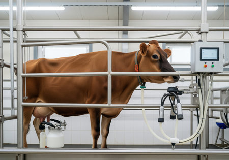 Brown jersey dairy cow in a modern, clean stainless steel milking parlor. automated equipment and control panel highlight efficient, hygienic milk production and livestock farming.の素材