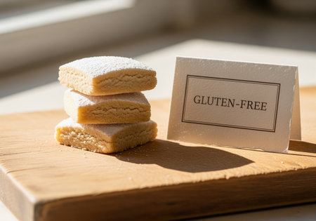 Stack of three square gluten free shortbread cookies dusted with powdered sugar on a wooden board, next to a tent card reading gluten free. focus on healthy dessert alternatives and dietary needs.の素材