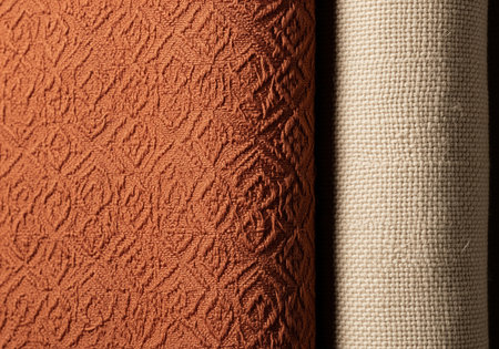Two contrasting textile rolls, featuring a rich, textured burnt orange fabric with a geometric diamond pattern alongside a natural, plain woven beige canvas. focus on texture, quality, and craftsmanship for interior design and fashion concepts.の素材