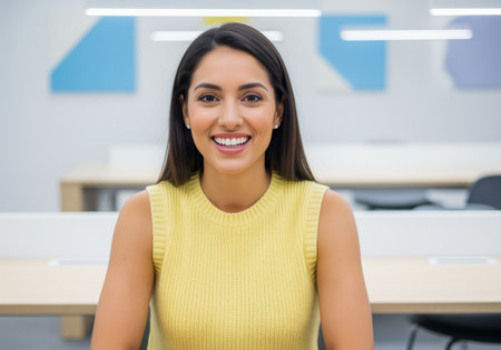 Confident young professional woman smiling brightly, looking directly at the camera in a modern, brightly lit corporate office environment. represents success and approachability.の素材