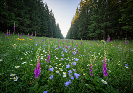 Expansive green meadow filled with vibrant wildflowers, including purple foxglove and blue bellflowers, framed by dense coniferous forest creating a natural wilderness clearing.の素材