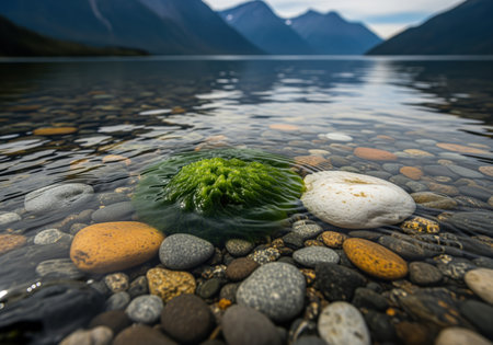 Clear water rippling over colorful pebbles and bright green algae on a lake shore. focus on texture, purity, clarity, and natural environment.の素材