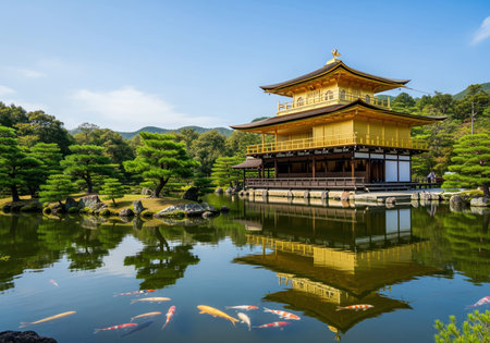 Golden pavilion kinkaku ji reflected in the tranquil pond surrounded by lush japanese garden trees under a clear blue sky. colorful koi fish swim in the water.の素材