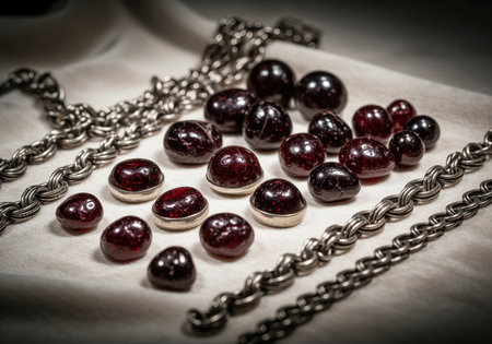 Deep red garnet cabochon gemstones, some set in silver bezels, scattered among strands of antique silver chain on a light surface. luxury jewelry components.の素材