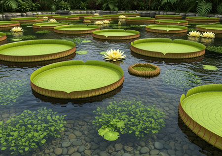 Giant water lily pads victoria amazonica floating on a clear pond surface, surrounded by yellow water lilies and lush green foliage in a tranquil botanical garden setting. submerged pebbles visible below.の素材