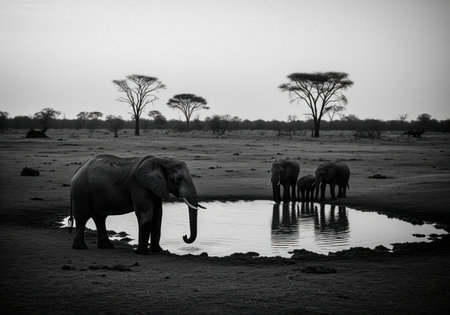 African elephant family gathered around a watering hole in a dry african savanna landscape, captured in dramatic black and white. survival and wildlife concept.の素材