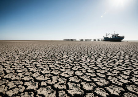 Stranded fishing boat resting on a severely cracked dry lakebed next to a wooden pier, illustrating the devastating impact of global warming and drought.の素材