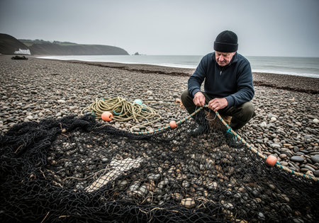 Senior fisherman crouching on a rugged pebble beach, meticulously repairing a large black fishing net. the scene captures traditional coastal livelihood under a gray, overcast sky.の素材