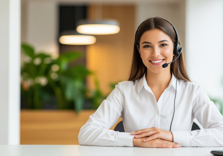 Professional female customer service agent wearing a headset and white shirt, sitting at a desk in a bright, modern office, ready to assist clients.の素材
