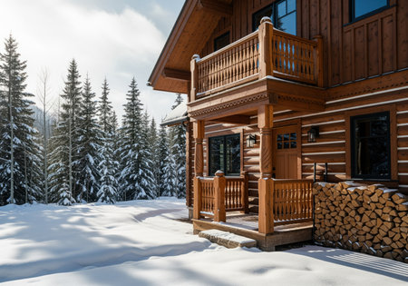 High end wooden log cabin exterior featuring a porch, balcony, and stacked firewood, set against a backdrop of snow covered pine trees on a sunny winter day.の素材