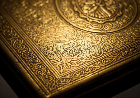 Ornate antique gold surface featuring detailed embossed scrollwork and a cracked, distressed texture. dramatic lighting highlights the rich, luxurious craftsmanship.の素材
