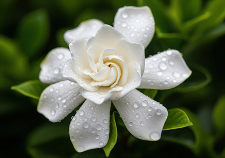 Pristine white gardenia flower with creamy petals covered in perfectly formed water droplets, showcasing freshness and purity against a lush green foliage background.の素材