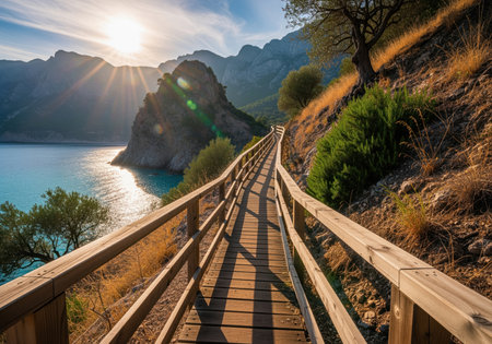 Wooden walkway path built into a steep coastal hillside overlooking the bright turquoise sea. strong sun flare illuminates the path and surrounding rocky mountains during golden hour.の素材