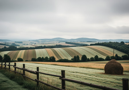 Rolling moravian hills covered in striped agricultural fields under an overcast sky. a rustic wooden fence lines the foreground next to a large hay bale in the dewy grass.の素材