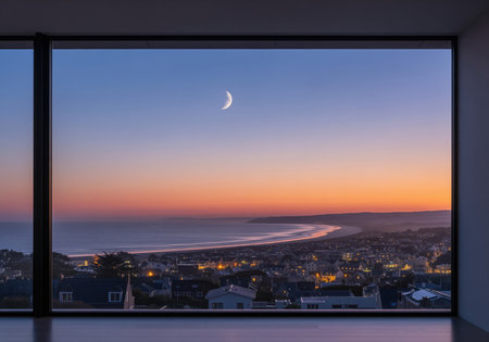Coastal city lights illuminating a wide bay and beach at twilight, viewed through a large, modern architectural window. a bright crescent moon hangs in the colorful sky.の素材