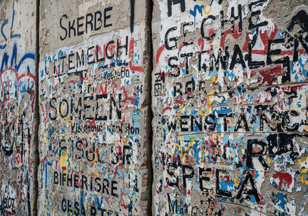 Section of the historic berlin wall ruins featuring rough concrete texture, peeling paint, and dense layers of colorful urban graffiti and text. symbol of division and freedom.の素材