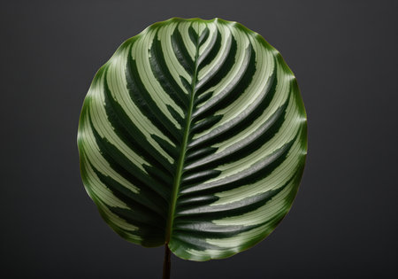 Pristine calathea orbifolia leaf centered against a dark gray studio background, highlighting the striking, symmetrical pattern of light and dark green stripes. focus on botany, houseplant decor, and natural design.の素材